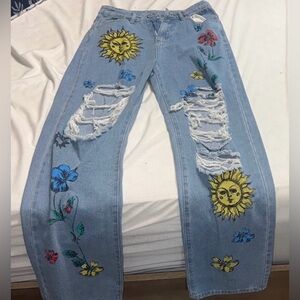 SHEIN Sunflower Embroidered Distressed Blue Jeans